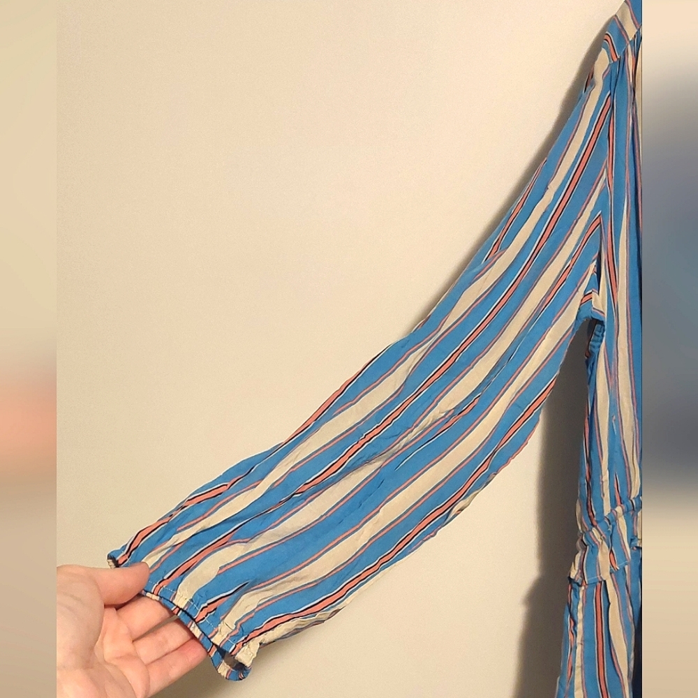 📣 Kori America Blue & Pink Striped Drawstring Waist Button-Down Top NWT Size L - Picture 7 of 12